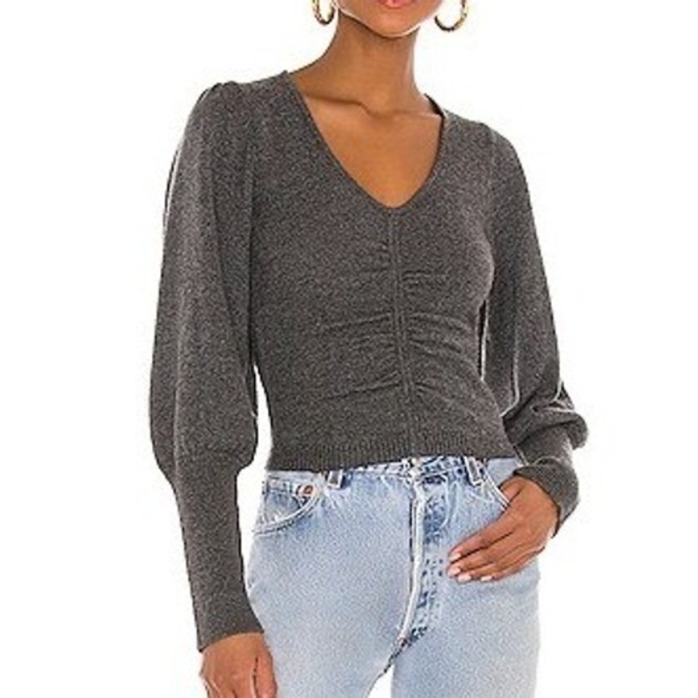 FRAME Cashmere Sweater Cropped Shirred size Large Gray Ruched V-Neck Puff Sleeve
